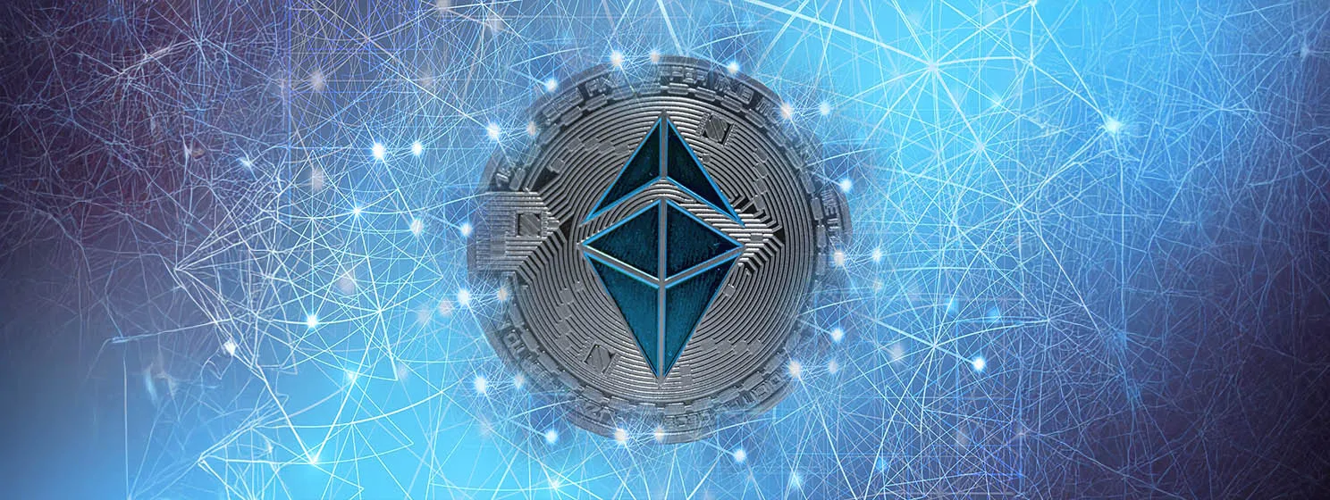 Valueable silver blue ether crypto currency connected with the network.