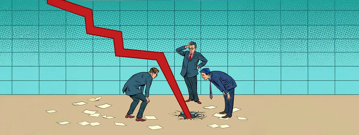 2D Cartoon businessmen puzzled. The chart's red arrow goes down and broke the floor.