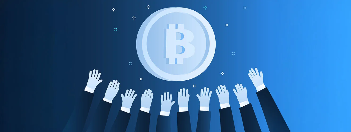 Concept of Crypto currency. Hands reach for bitcoin. Flat design, vector illustration.