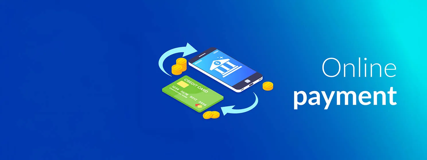 Online payment with smartphone. E-commerce transaction. Bank card and a stack of coins on the background of the phone.