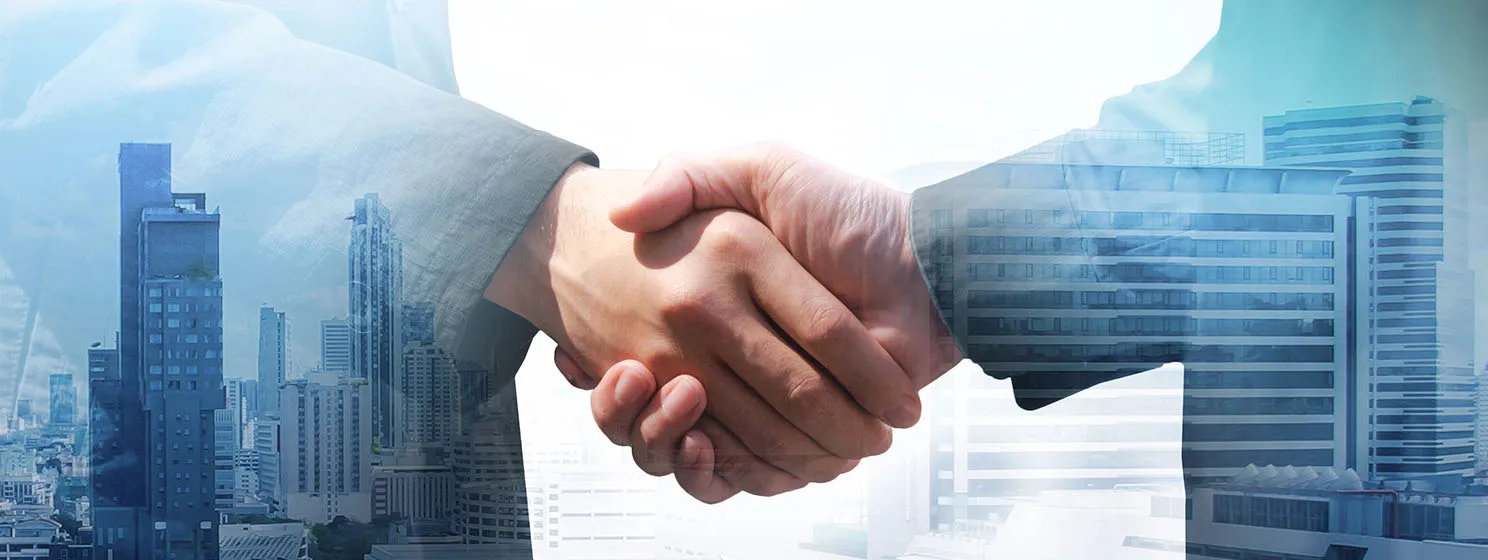 Handshake of businessman, double exposure, business technology and Social Network concept.