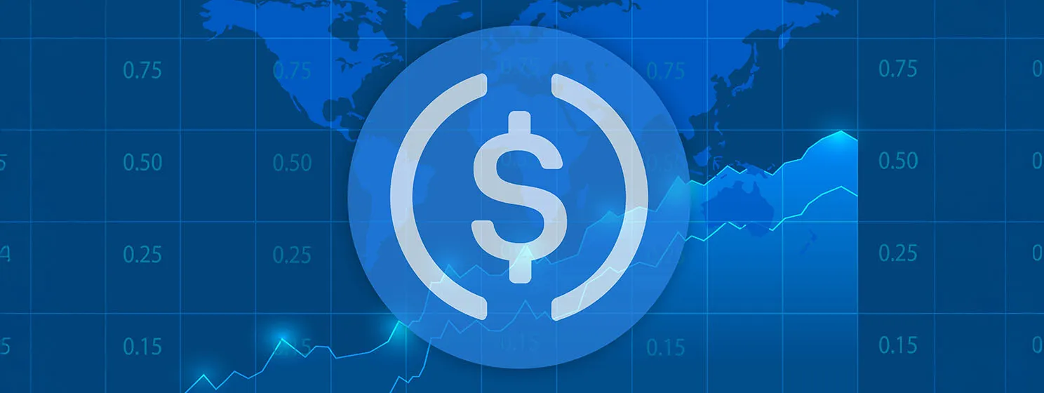 USDC virtual currency images on digital background. 3d illustrations.