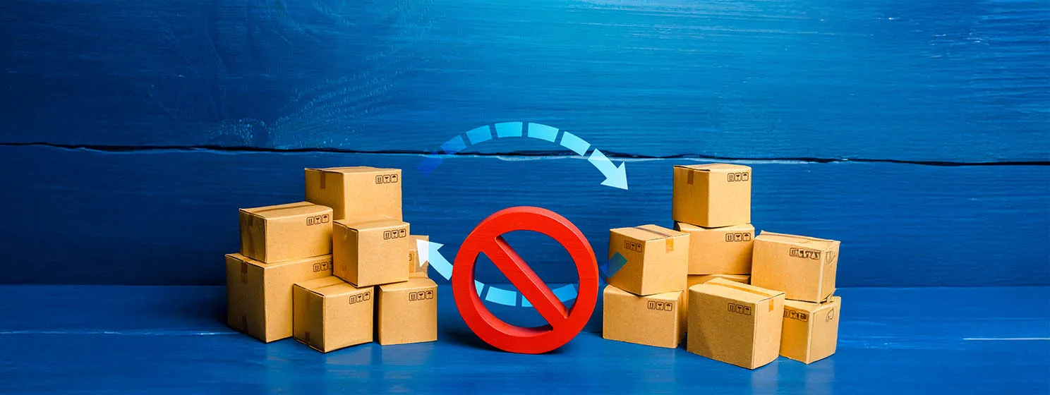 Arrows between boxes and prohibition symbol NO. Trade wars. Ban on imports and exports. Sanctions and embargoes. Termination of a trade agreement, closure of economic relations.