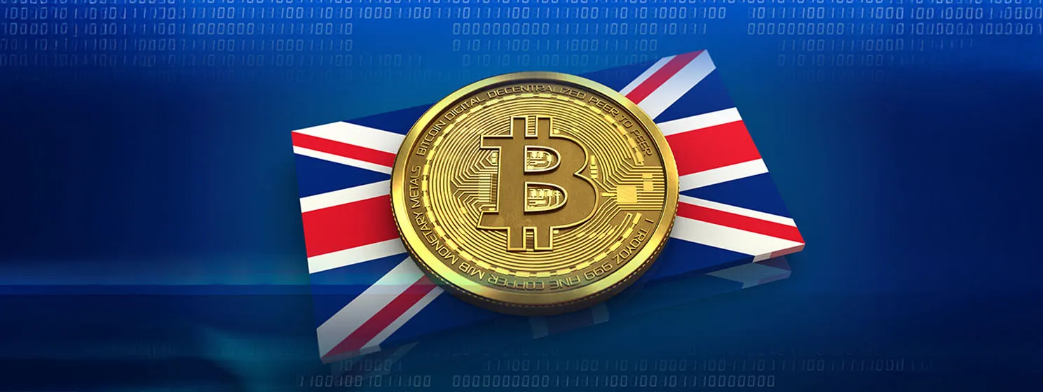 Bitcoin with UK flag over blue background.
