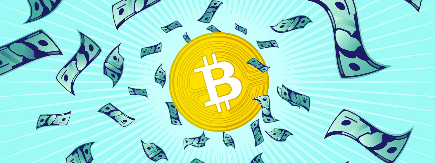 BTC coin logo, US dollar bills concept banner