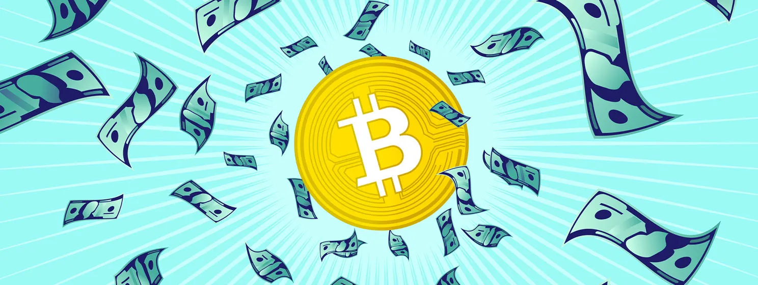BTC coin logo, US dollar bills concept banner