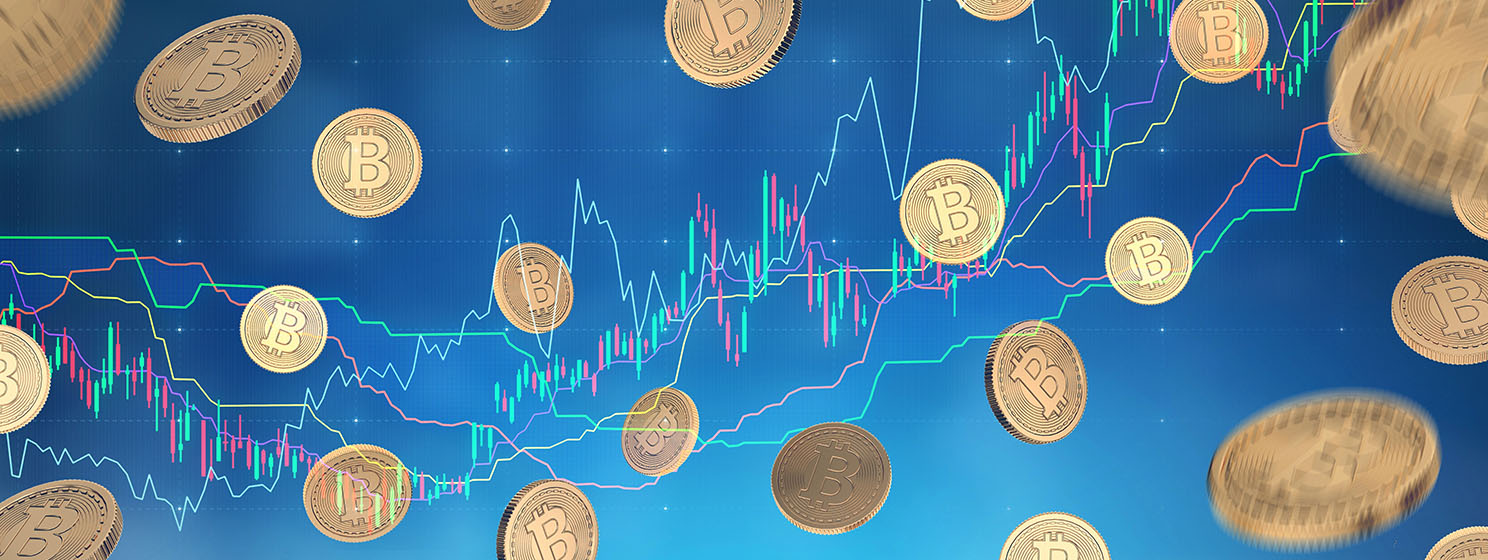Bitcoin rain, graph, blue background