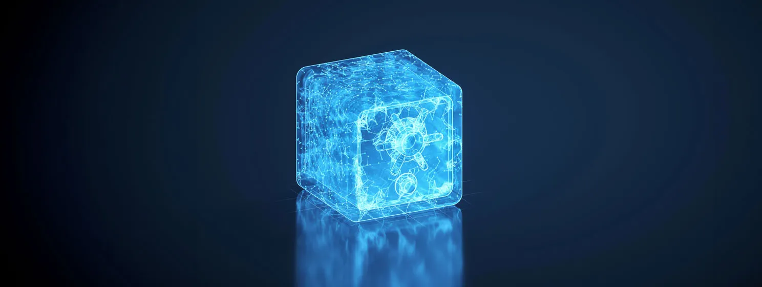 Blockchain concept glowing cube Safe box and blue glowing lines with blue background