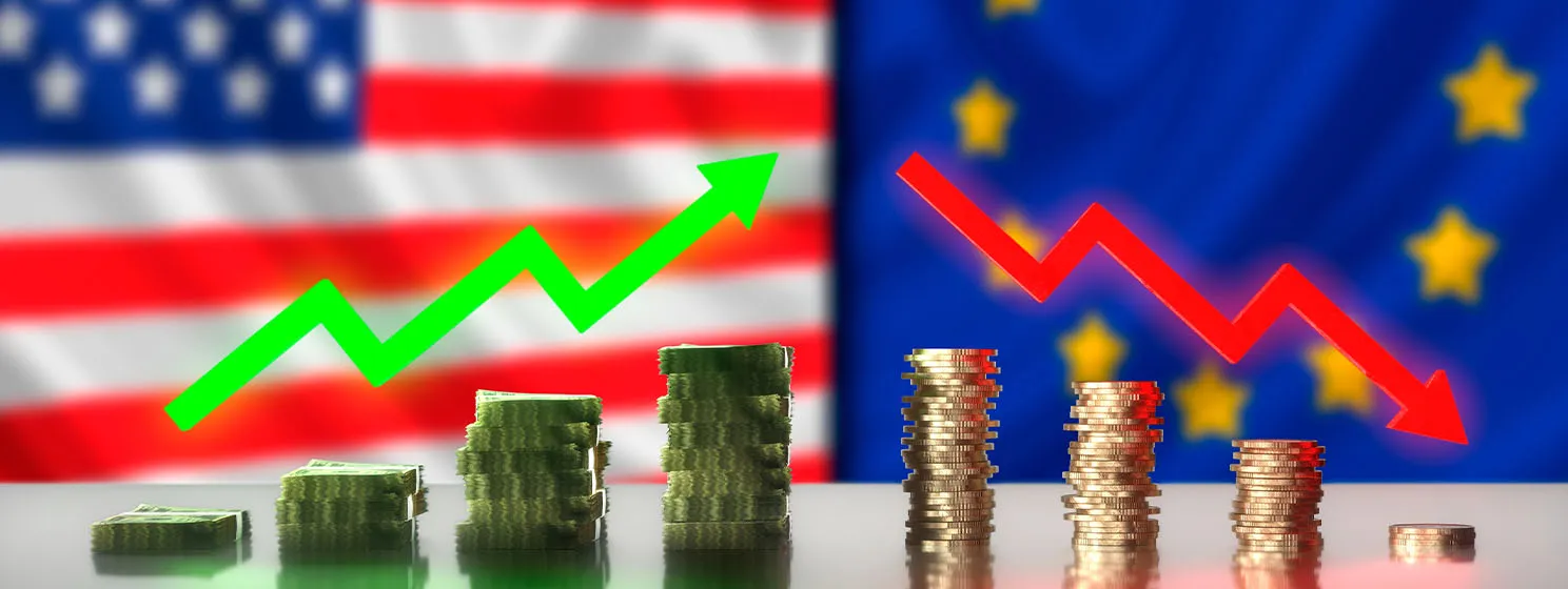 Dollar bills with growing arrow and Stacks of euro coins with decreasing arrow.