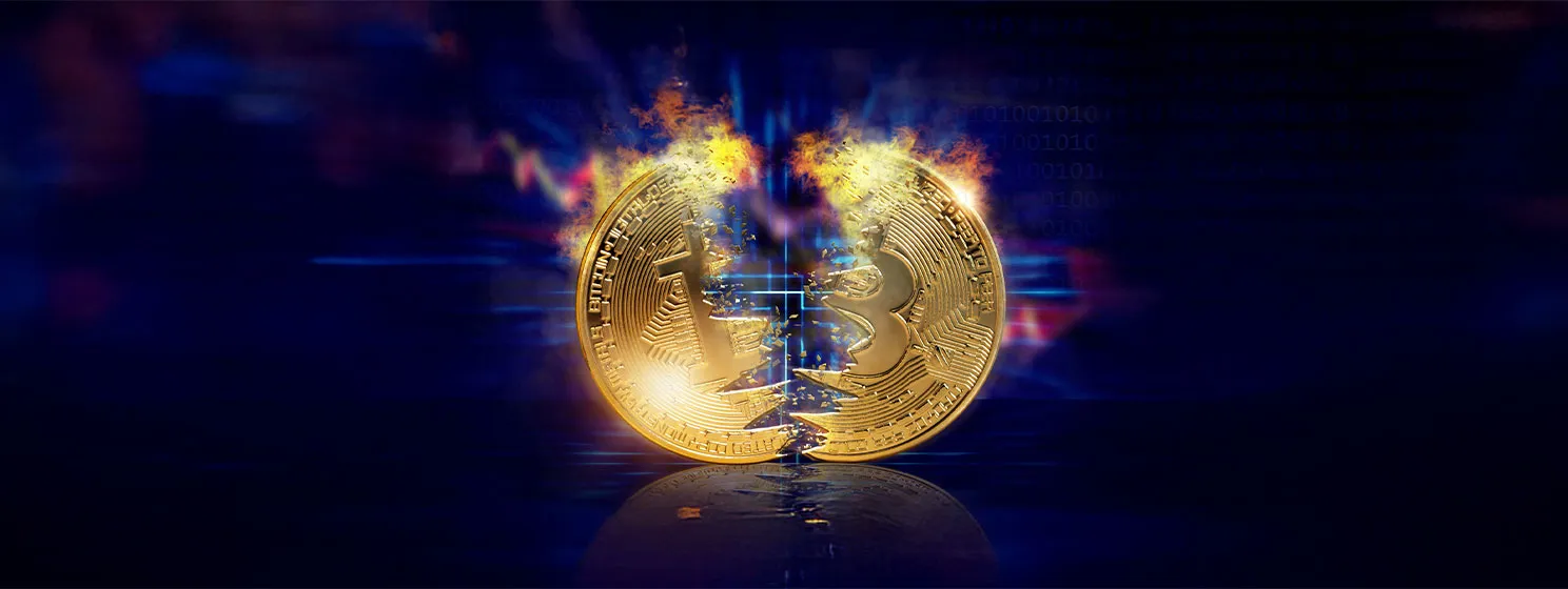 Splited gold bitcoin in dark blue background