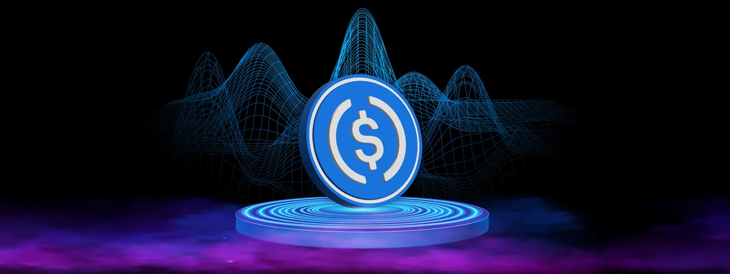 USDC virtual currency images on digital background