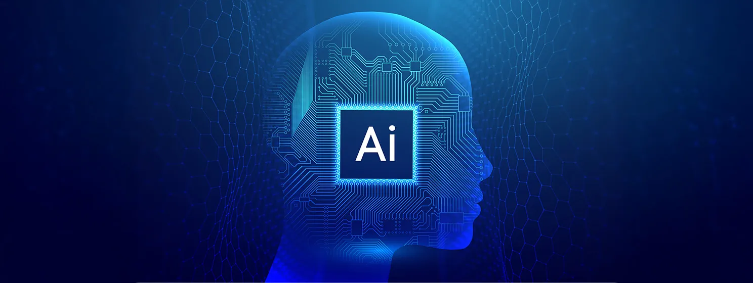 AI head visualization with a circuit board design, emphasizing artificial intelligence and modern technology integration.