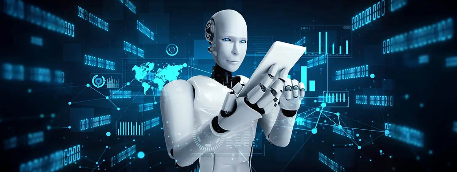 Future financial technology controll by AI robot huminoid uses machine learning and artificial intelligence to analyze business data and give advice on investment and trading decision.