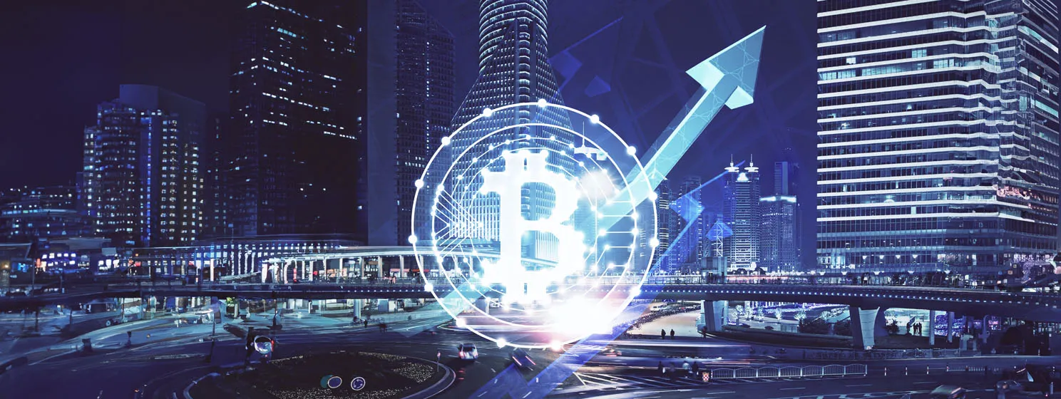 cryptocurrency theme hologram over modern city