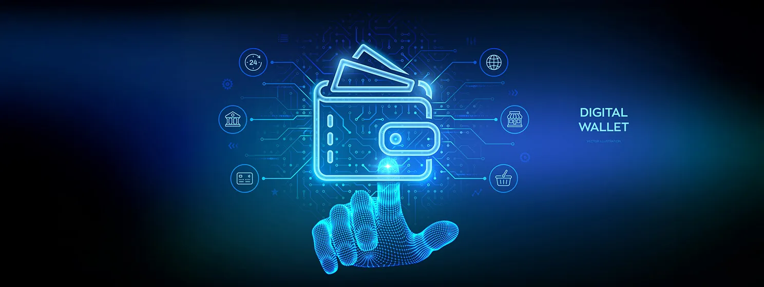 Digital wallet. E-wallet. Businessman hand using smartphone for online payment by digital wallet. Mobile banking, money transaction, e-commerce banner. Circuit board background.