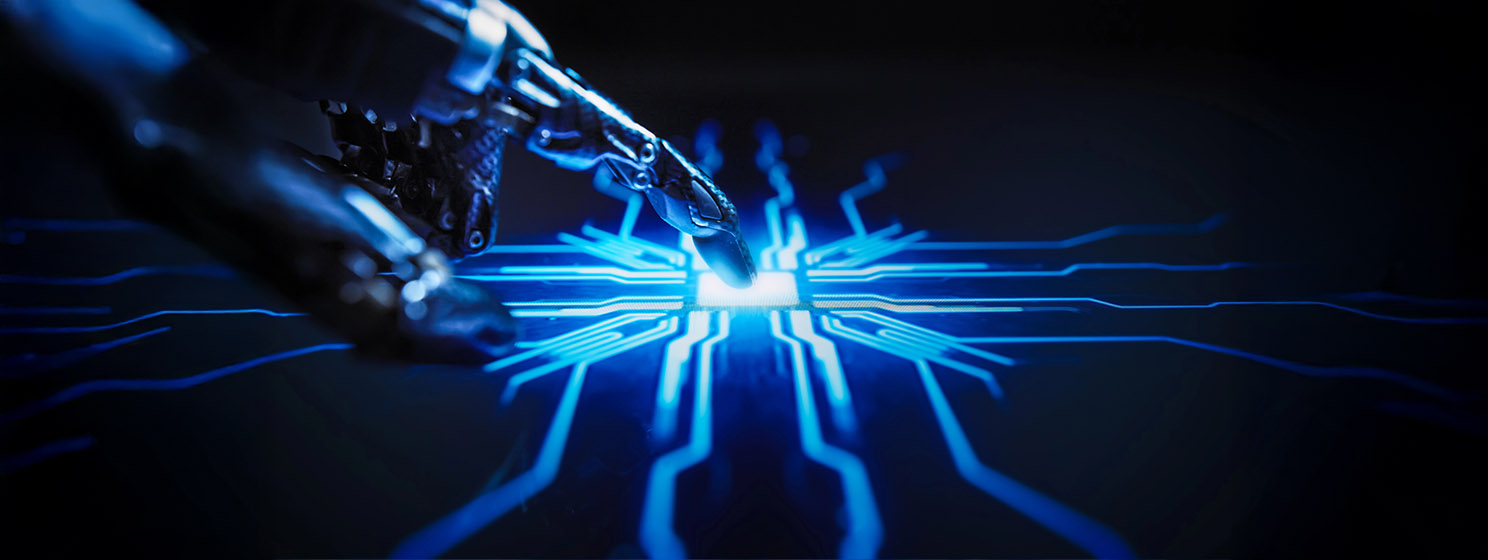 Digitalization Concept: Futuristic Robot Arms, Finger Touches Screen Button and Activates AI System.