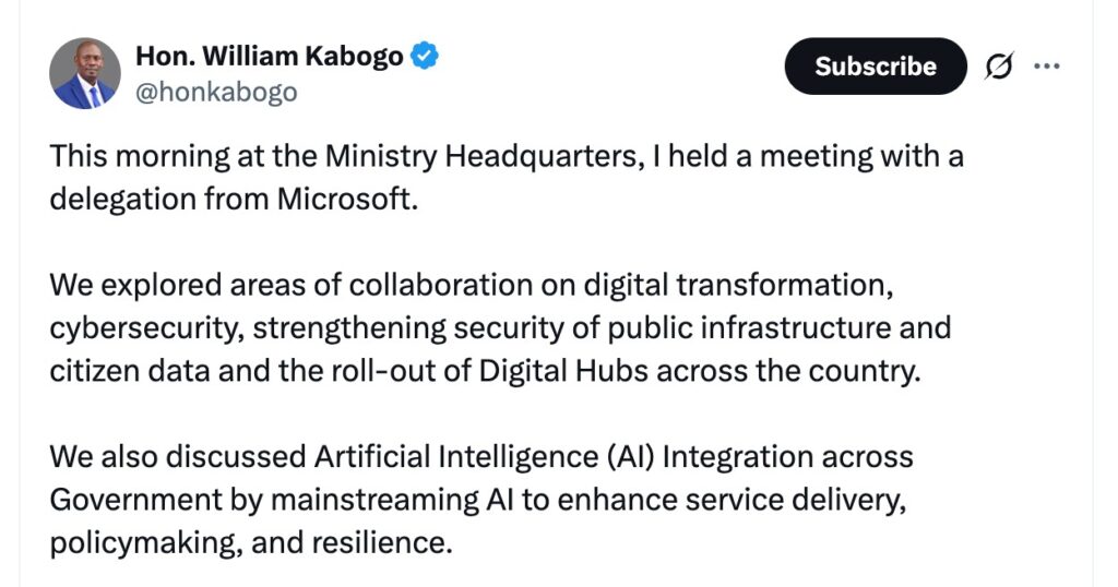 Digital Economy Minister, William Kabogo X post.