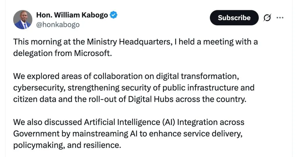 Digital Economy Minister, William Kabogo X post.