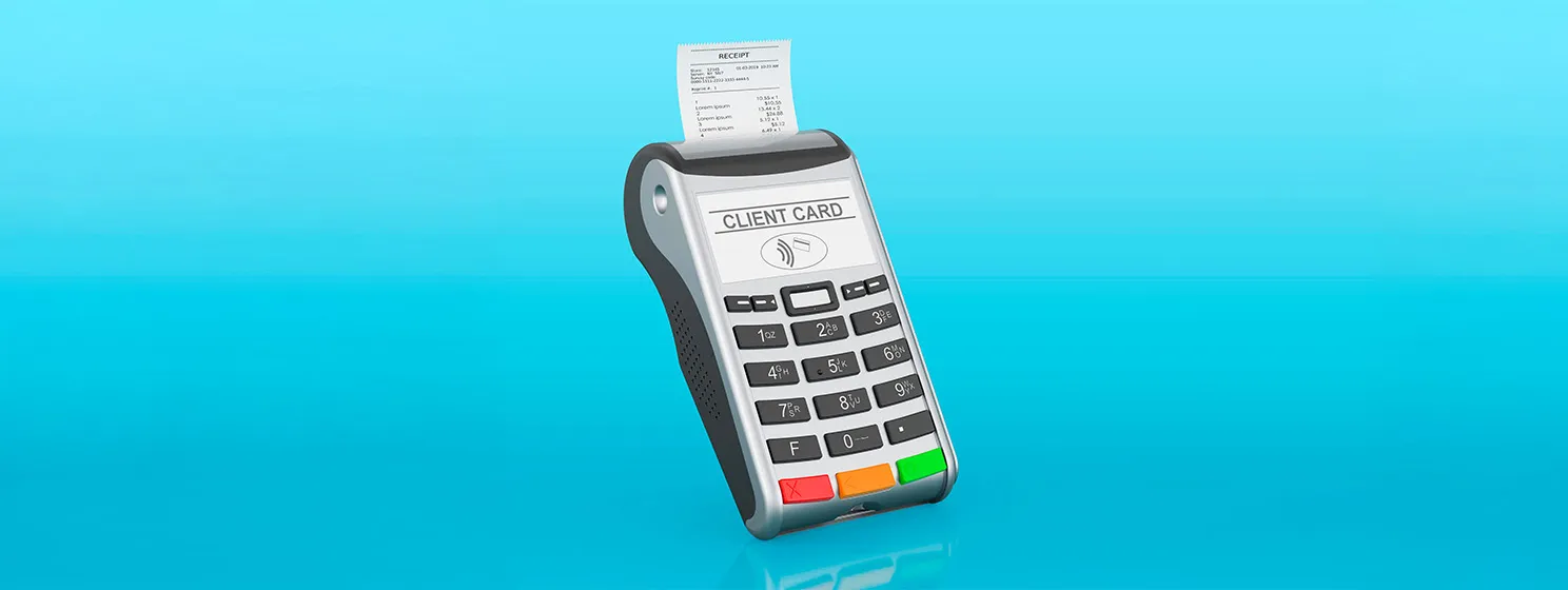 POS-terminal, 3D rendering on blue backdrop.