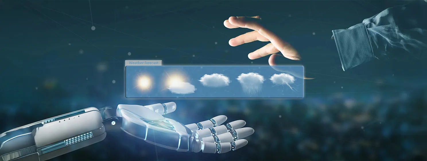 Cyborg hand holding a Weather Forecast widget.