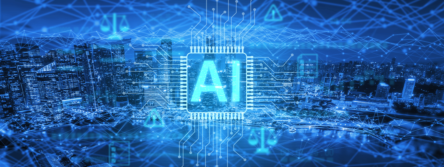 AI circuit microchip with glowing blue lines
