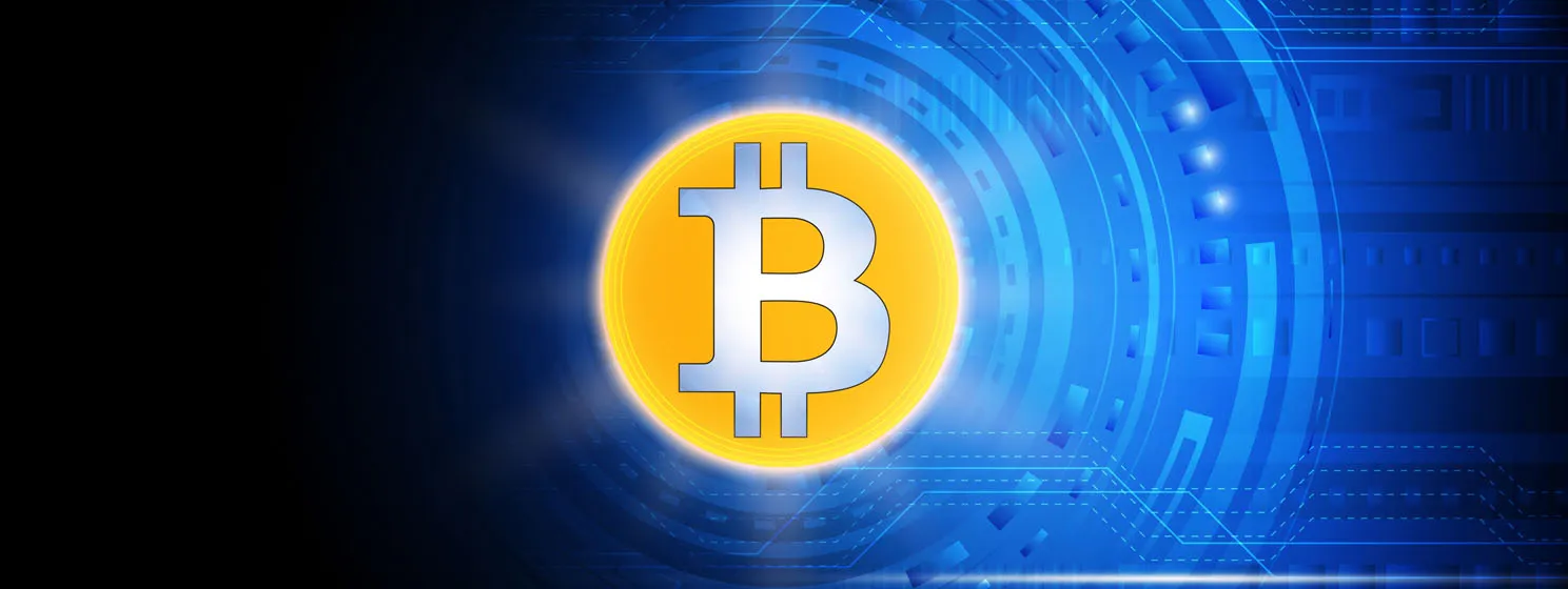 Golden bitcoin digital currency on digital technology background