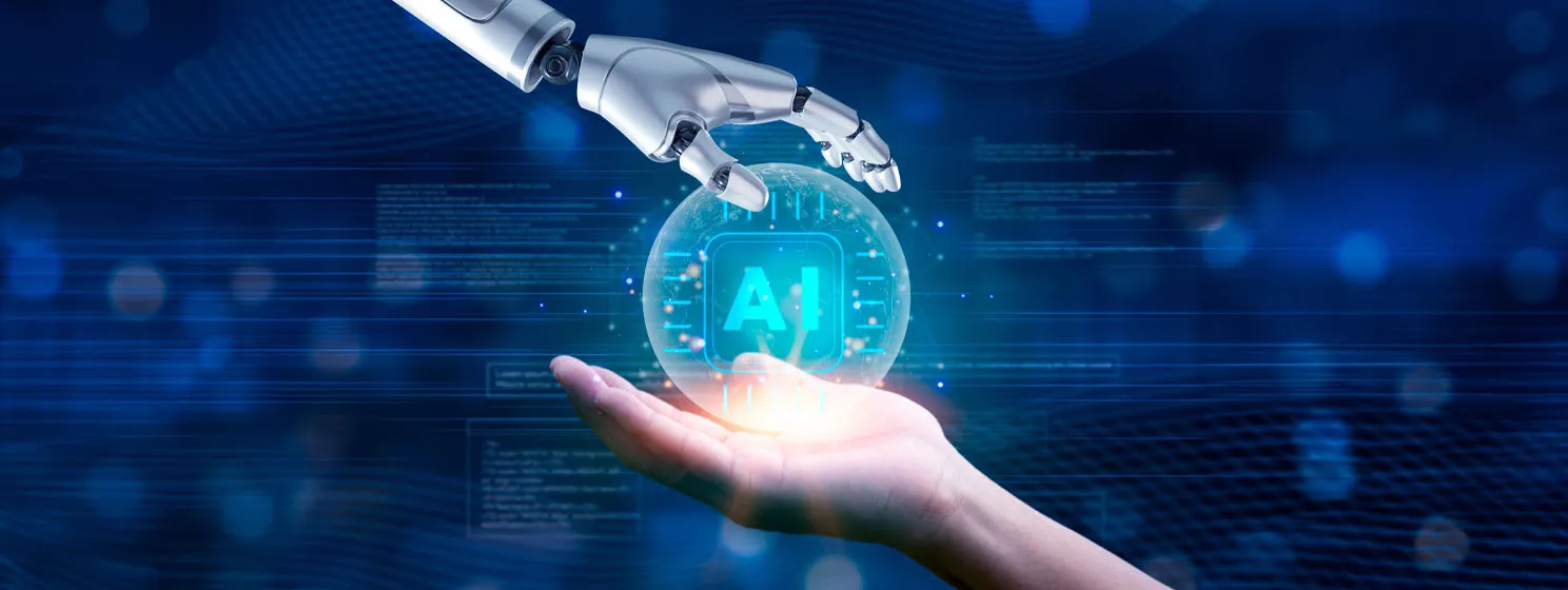 Human and cyborg arms, AI concept banner