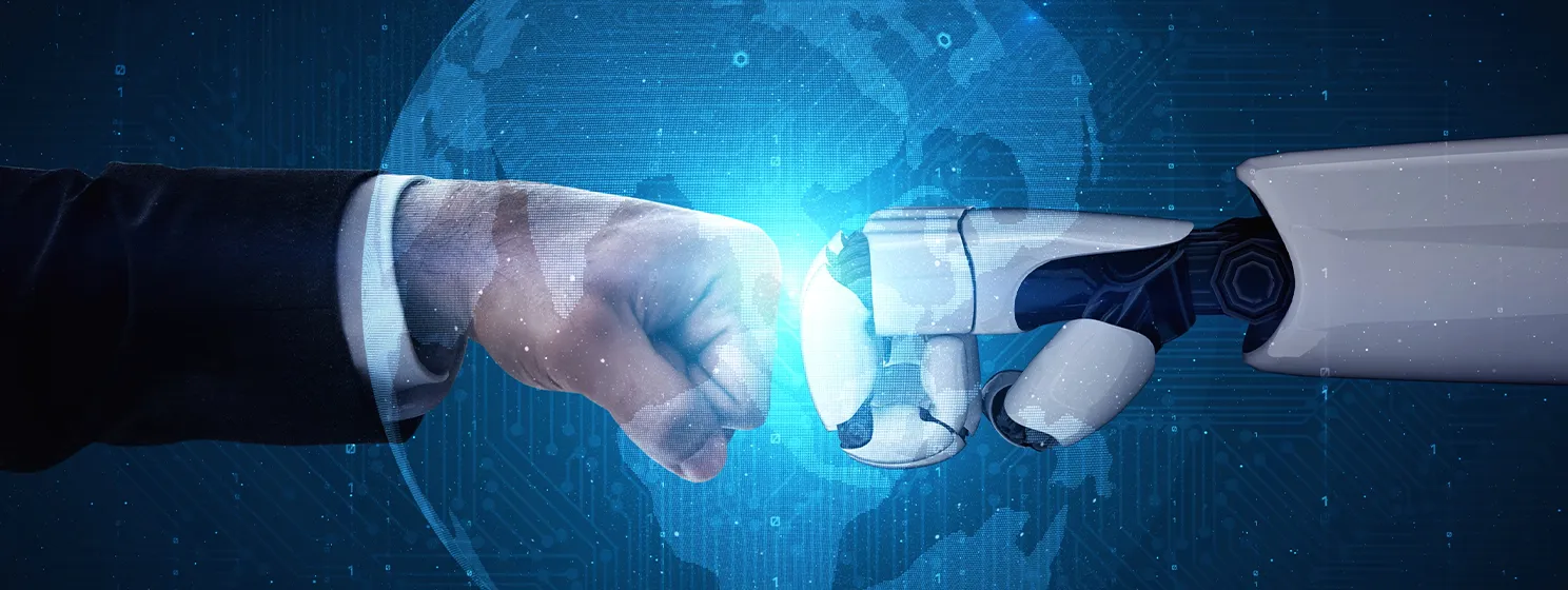 Human and robot hands fist bump - artificial intelligence