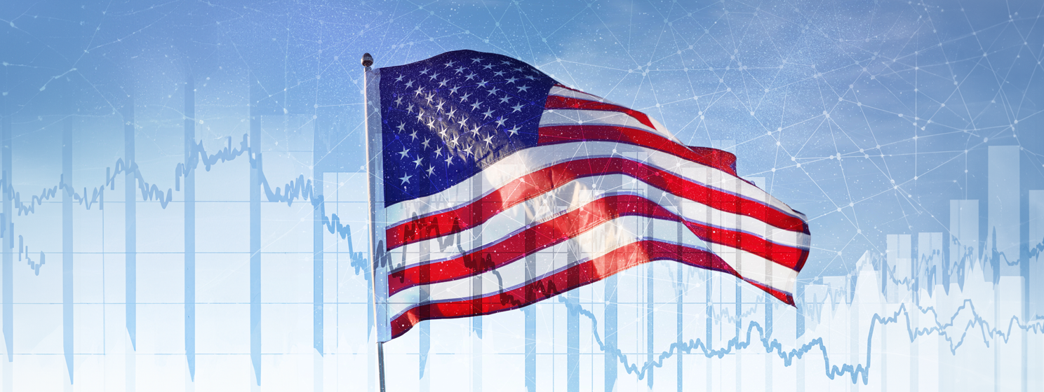 US flag over random stock charts banner concept