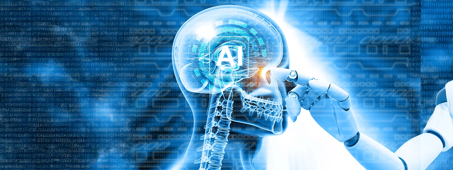 Robot hand pointing human brain. Artificial intelligence concept. 3d illustration.