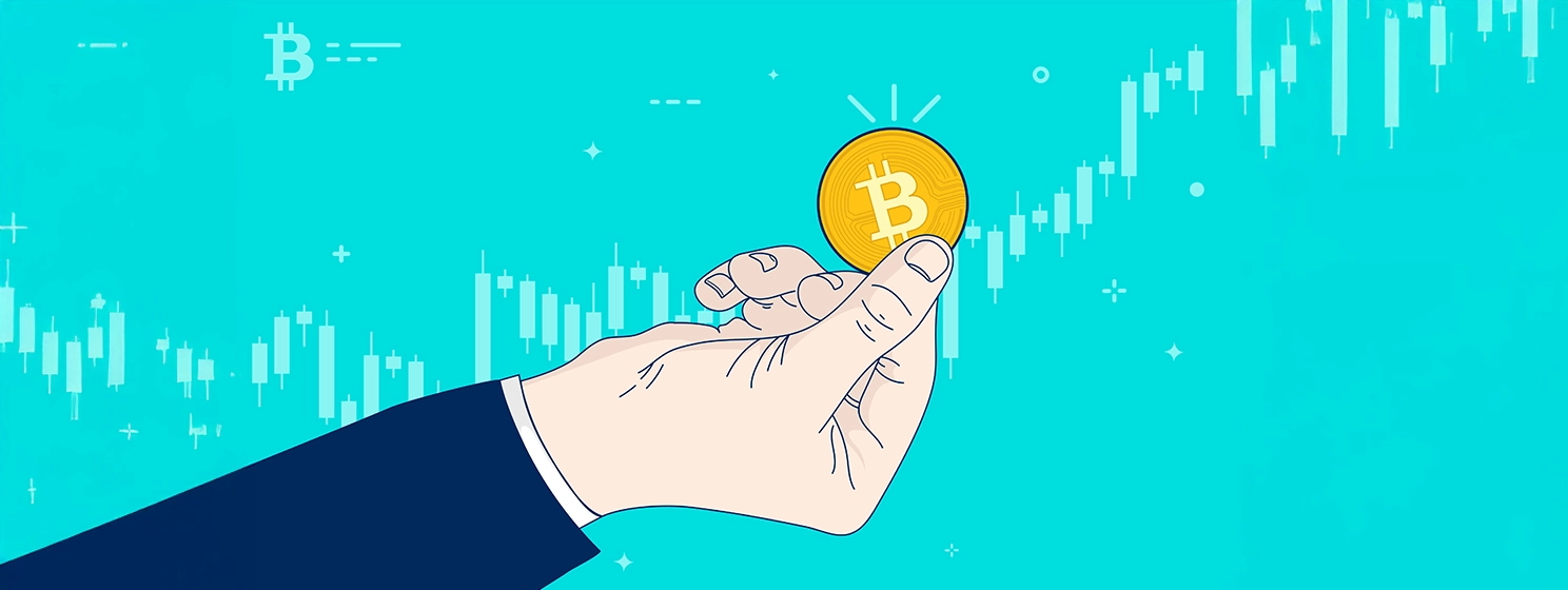Hand holding Bitcoin as price and value rises in a bullish chart in background.