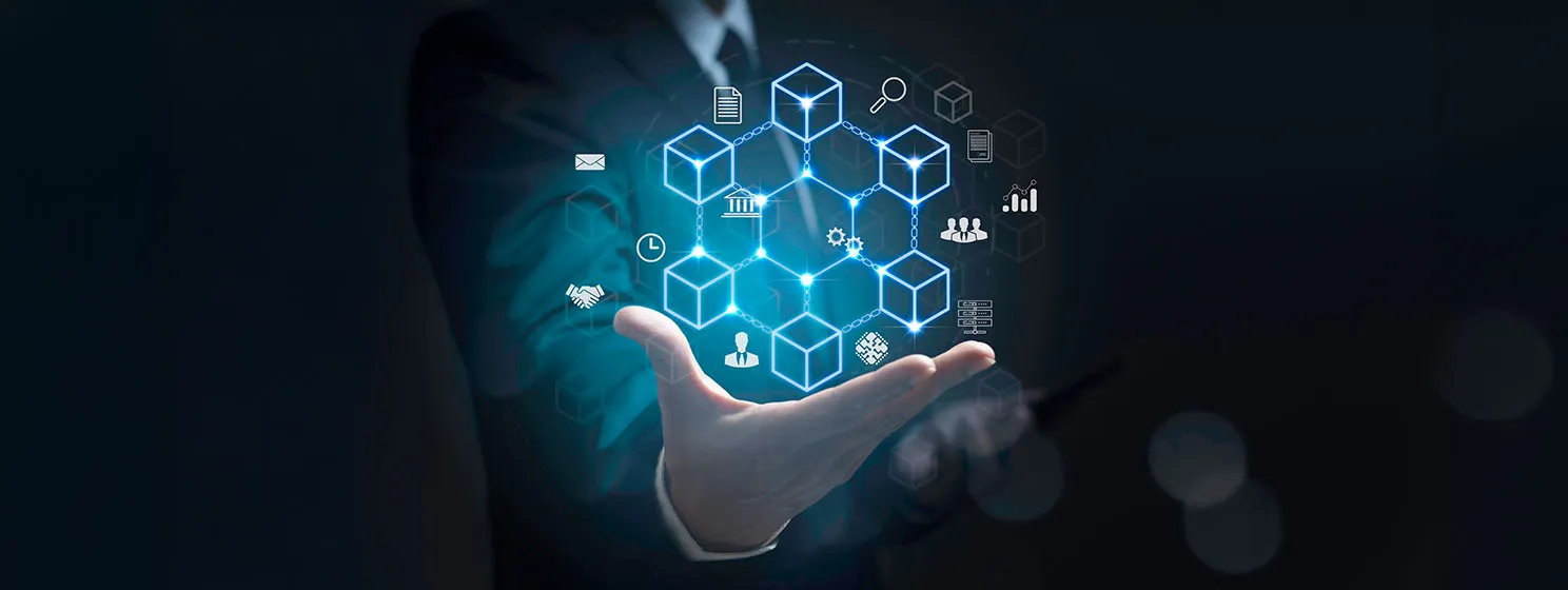 Businessman showing a smart contract and executing a cryptocurrency transaction with blockchain technology.
