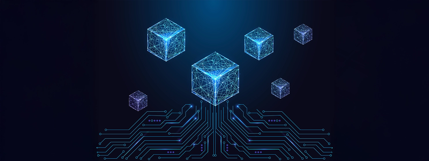 Network of glowing cubes over a circuit board symbolizing blockchain, data storage, and digital transformation. Tech and finance concept in low poly style. Vector illustration on dark blue background.