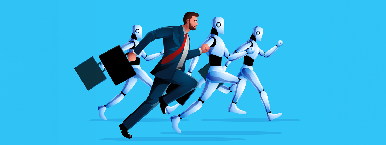 illustration of businessman racing against robots