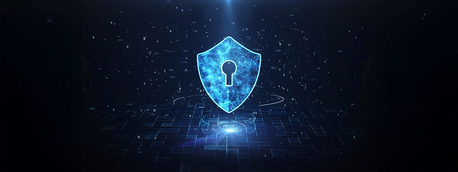 Big Data Protection Cyber Security Concept With Shield Icon In Cyber Space.Cyber Attack Protection For Worldwide Connections,Block chain.