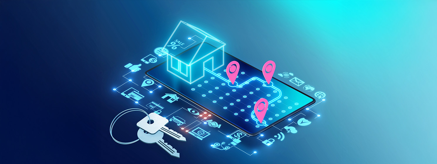 Concept of online real estate agency - 3d rendering of a house with pins on a map hovering a mobile device.