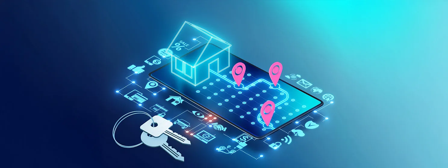 Concept of online real estate agency - 3d rendering of a house with pins on a map hovering a mobile device.