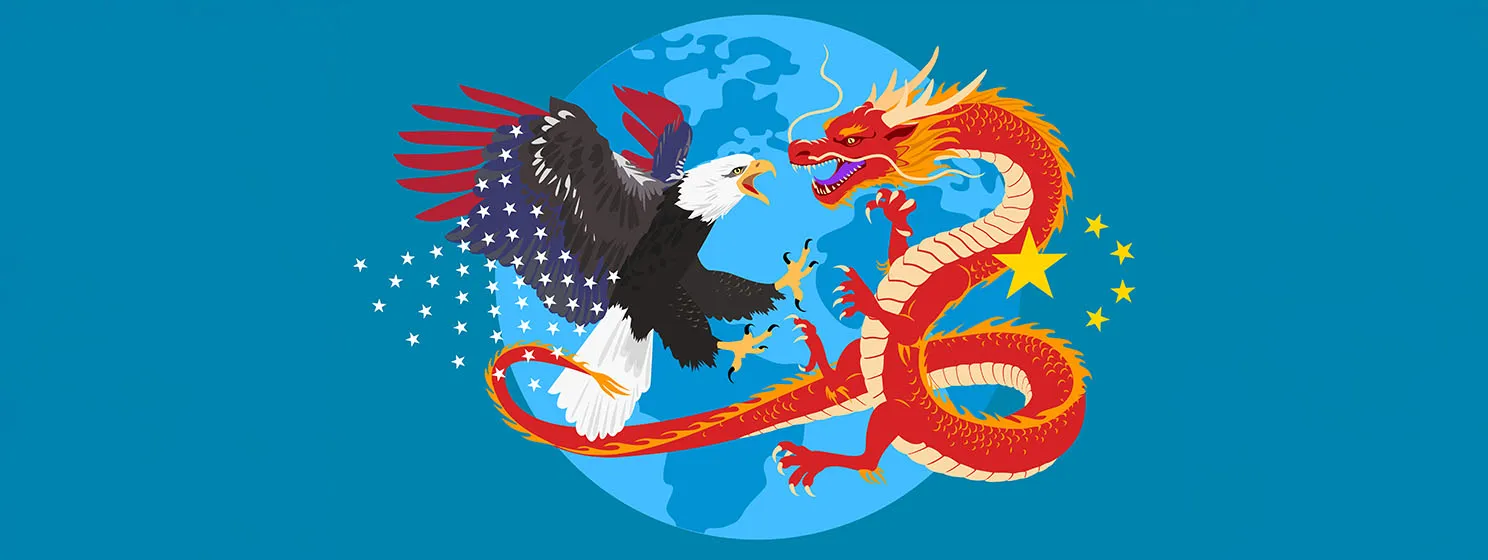 Trade war concept. Economic opposition between USA and China. Eagle versus Dragon, battle for Earth.
