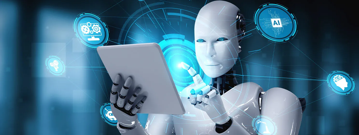 Robot humanoid using tablet computer in concept of AI