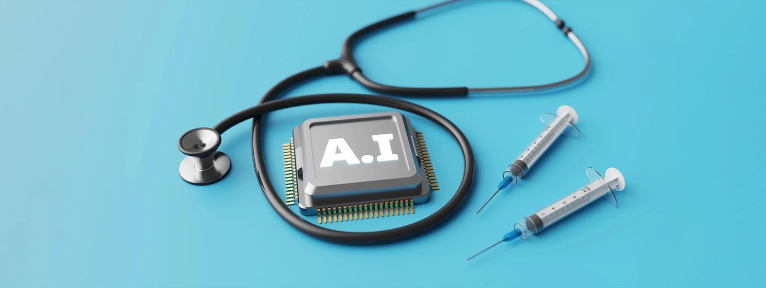 Stethoscope and Injection syringe with a computer CPU core with written word A.I at the middle.