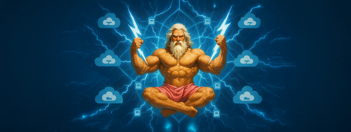 Zues holding two lightning bolts with lots of electric lines going around him with cloud icons altogether.