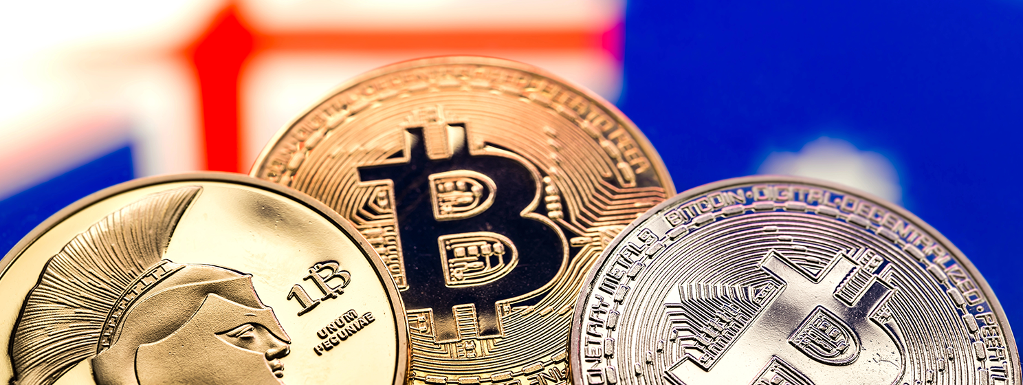 Coins Bitcoin, against the background of Australia flag