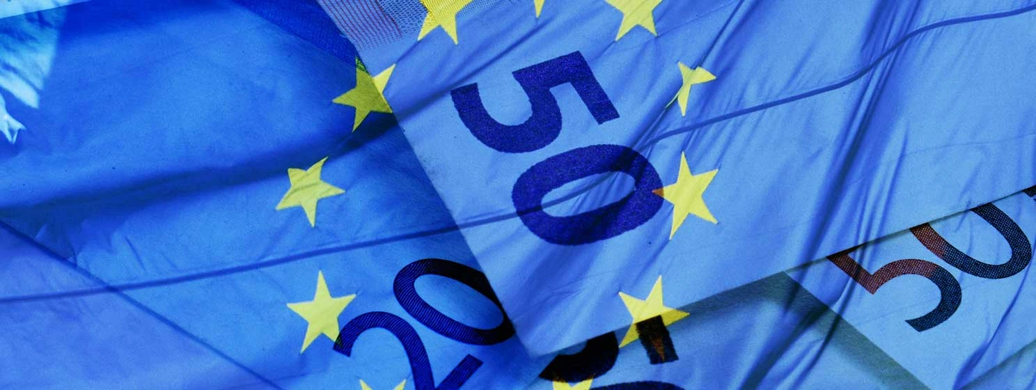 Euro bills with European Union EU Flag overlay