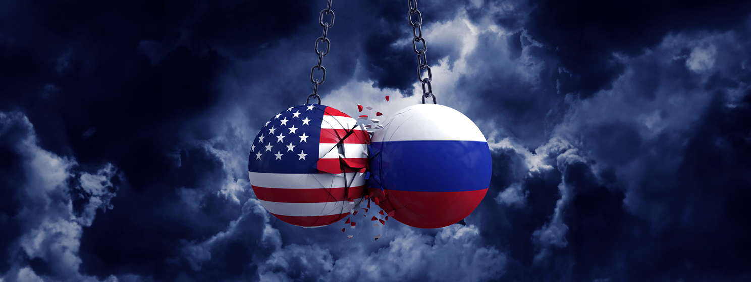 US, Russia clashing wrecking balls concept