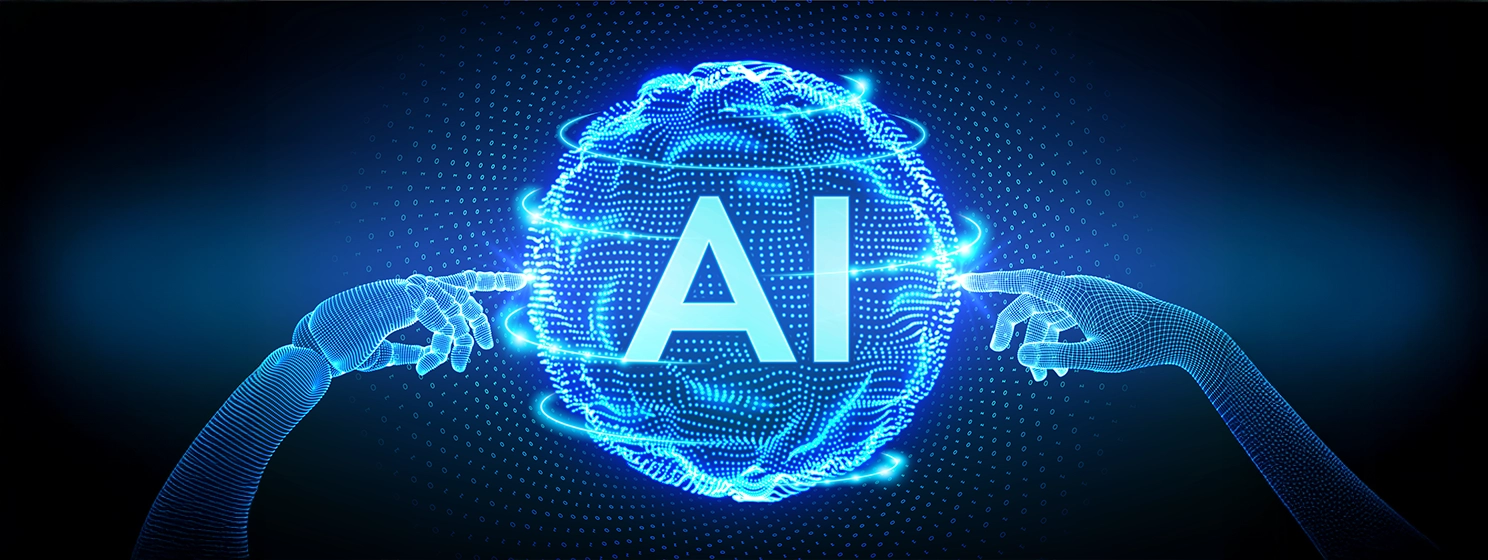 AI. Artificial Intelligence. Human and robot hands touching a wavy grid sphere with binary code.