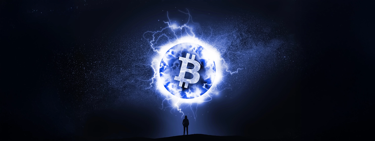 A man looking at the sky with a the view of the milky way, with a circle moon full of electricity and a Bitcoin logo at the center of it.