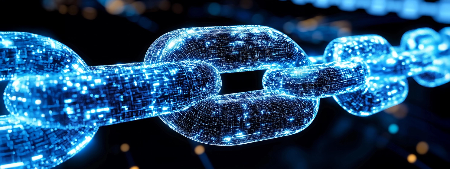 Glowing digital chain symbolizing blockchain technology ensuring secure transactions and data integrity in the digital realm.