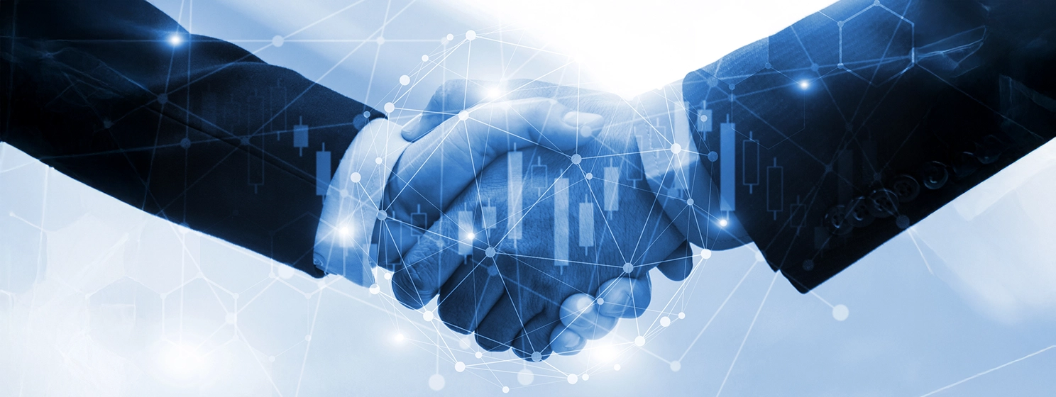 Business man or investor handshake on with graph chart of stock market and network connection graphic diagram, partnership business, teamwork global, technology and digital concept, blue color tone.