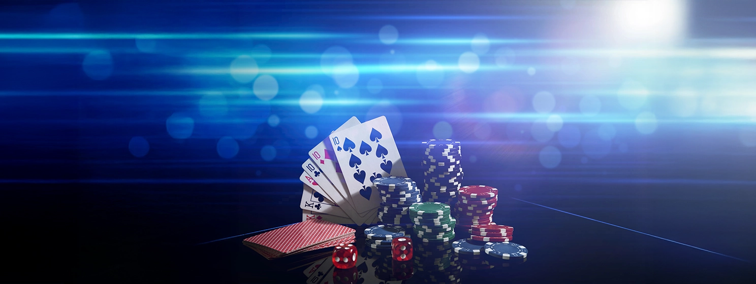 Casino chips, dice and playing cards on dark background, space for text. Full house poker combination.