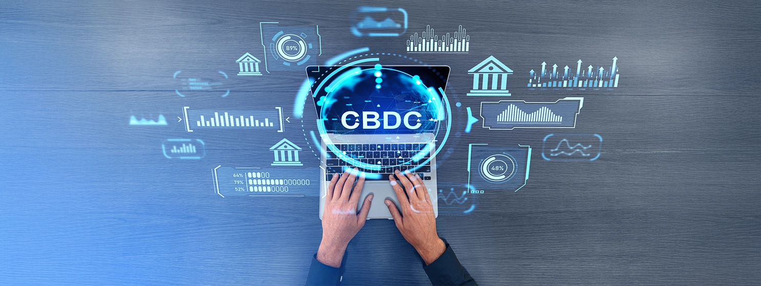 Businessman hands typing in laptop, top view. Central bank digital currency hud hologram with dashboard and indicators. Concept of CBDC, online transaction and statistics.